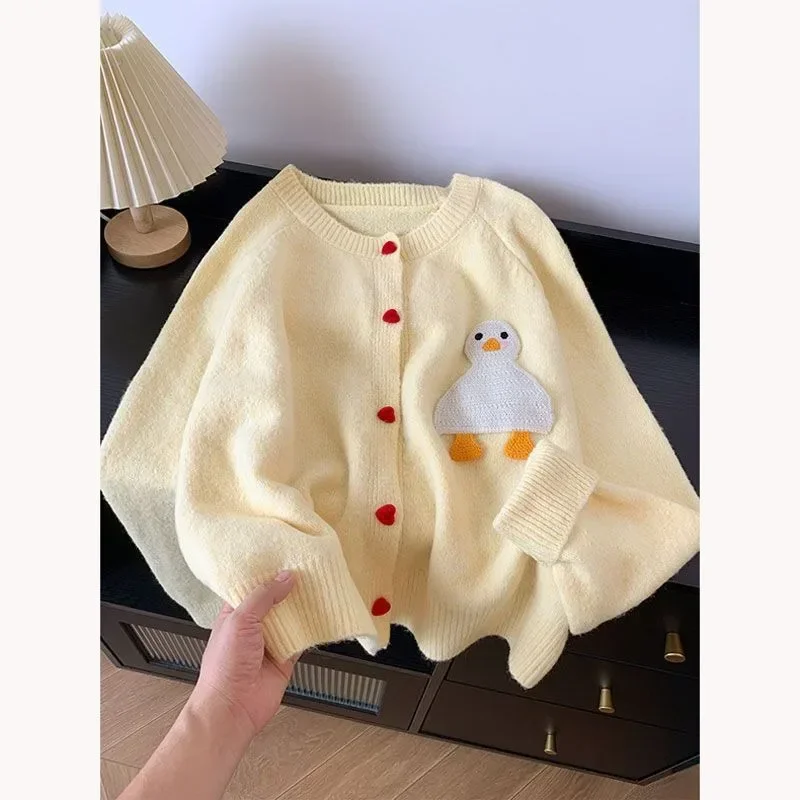 Goose Embroidered Creamy Yellow Single Breasted Soft Glutinous Knitted Cardigan Sweaters Women Autumn Streetwear Sweet Girls New