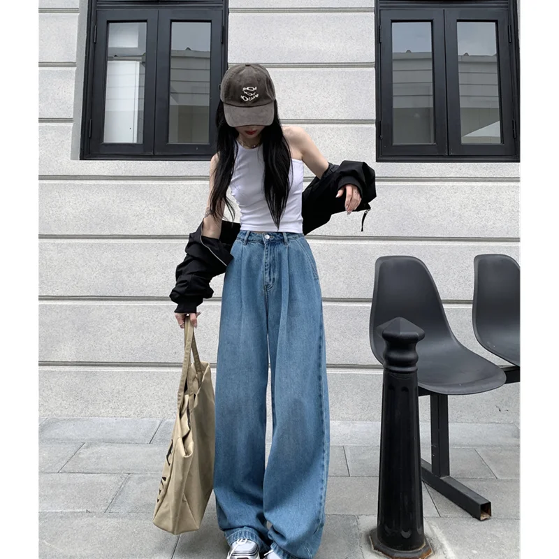 

Blue Straight Barrel High Waist Women Jeans High Waist Baggy Cargo Pants Streetwear Style Fashion Pocket Wide Leg Denim Trouser