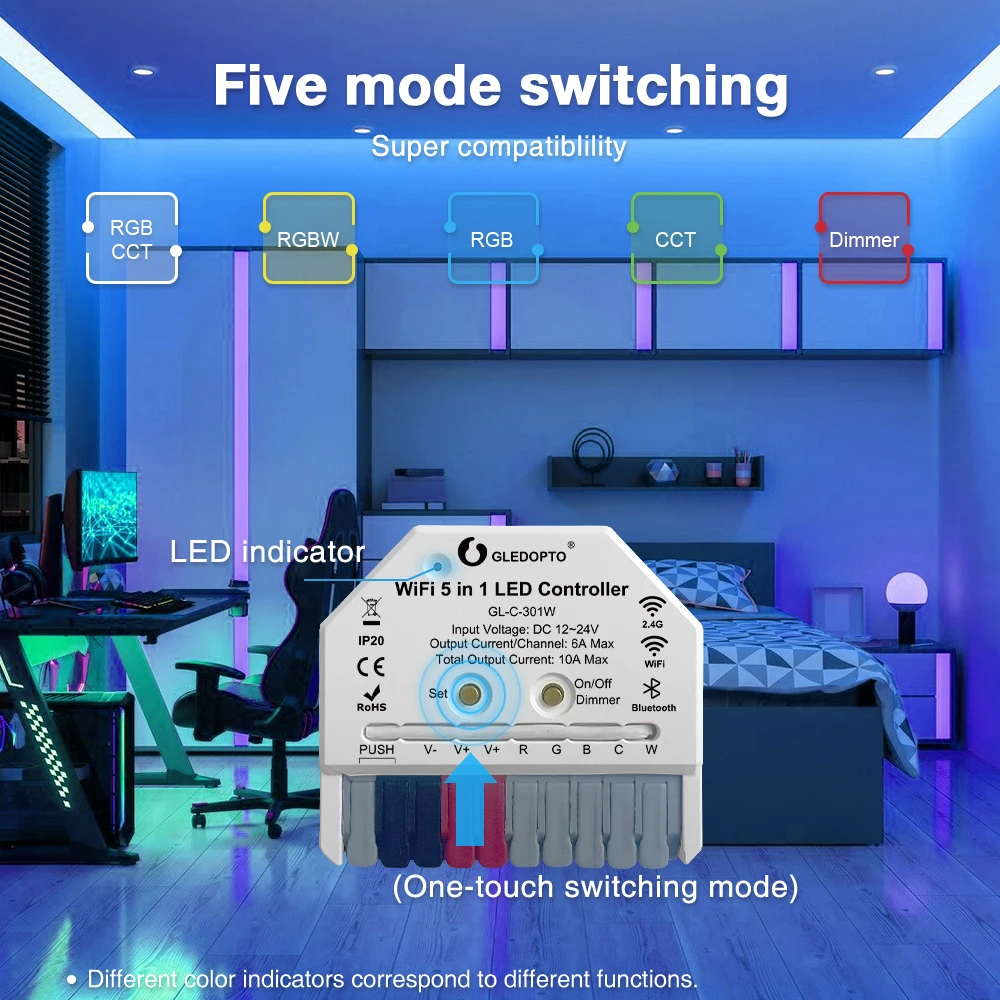 

GLEDOPTO Ultra Mini 5-in-1 LED Controller WiFi Bluetooth RGBCCT RGBW CCT WWCW Dimmer Tuya SmartLife App Voice Control