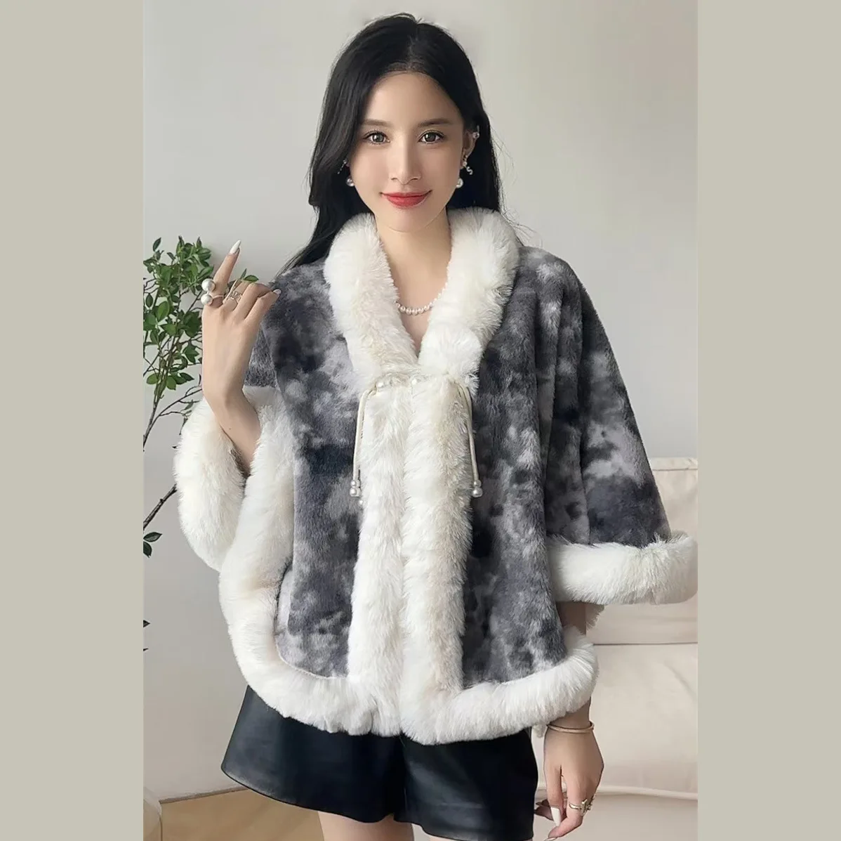 Autumn Winter Printed Ink wash Painting Poncho Women Coat Faux Rabbit Fur Neck Chinese Knotting Cardigan Cape Loose Shawl