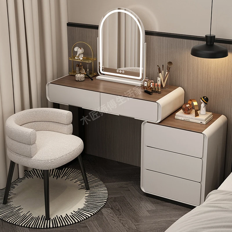 Minimalist Grey Vanity Table Luxury Mirror Simple Makeup Vanity Table Stylish Chair Tocador Maquillaje Con Luces Furniture