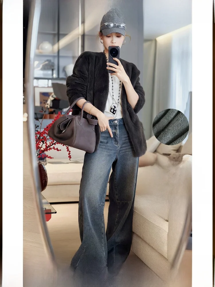 

Meiyang Thi Fog Fce Lined Straight Leg Jeans High Waist Zipper Closure Casual Warm Denim Pants for Women Autumn Winter