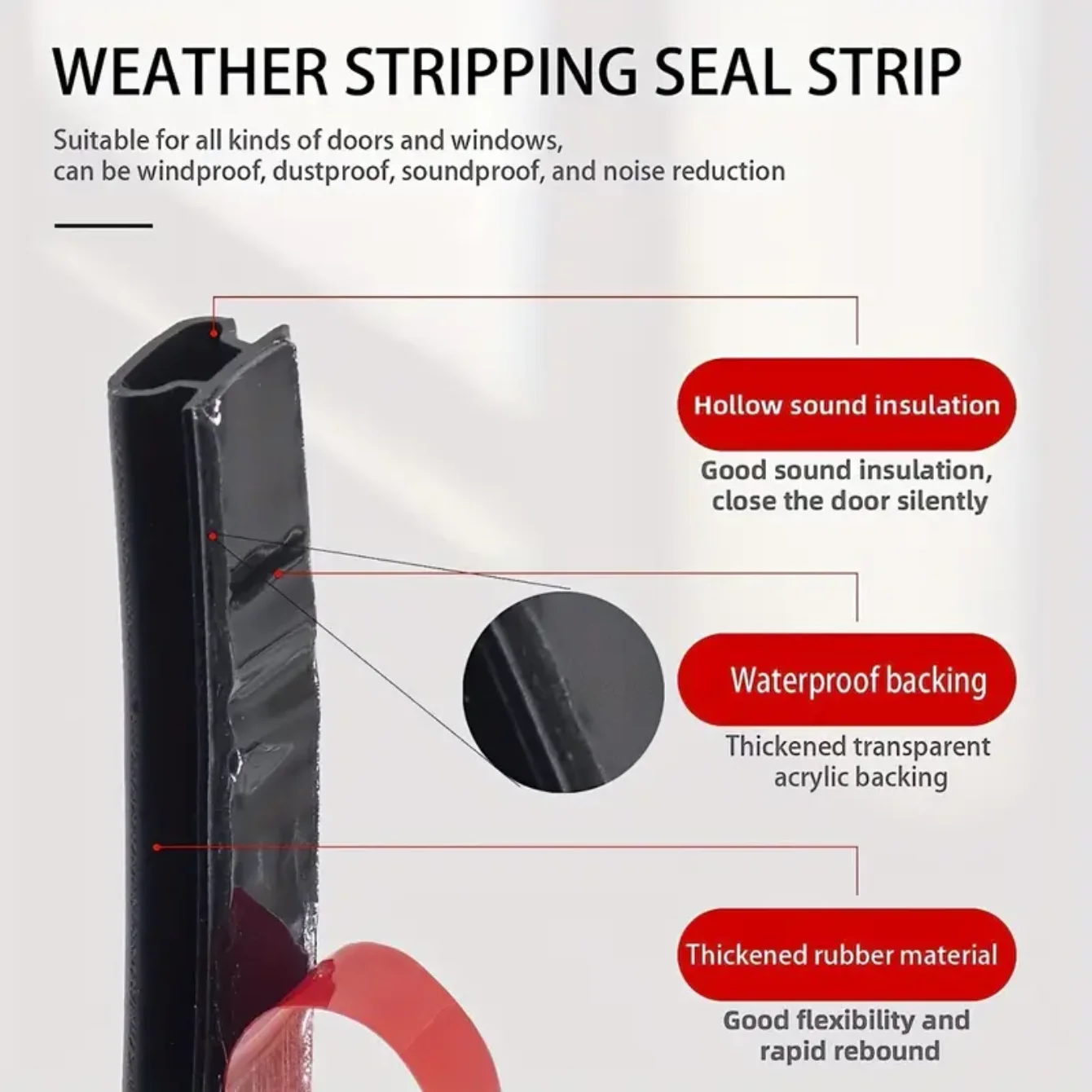 1 roll length of 6M Rubber Weather Stripping Seal Strip for Doors/Windows, Waterproof Self-Adhesive Weatherstrip Soundproofing B