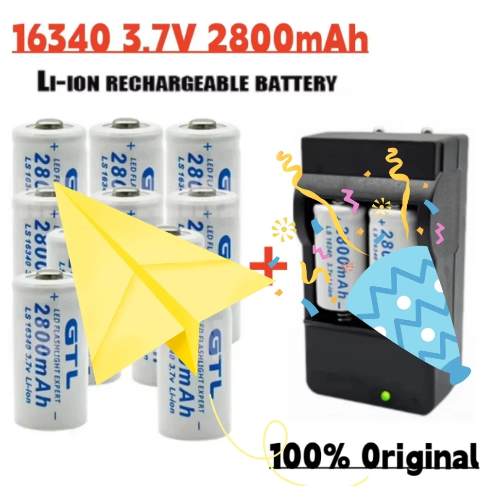 

New 3.7V 2800mAh Lithium Li-ion 16340 Rechargeable Battery CR123A for Laser Pen LED Flashlight with Cell And Charger
