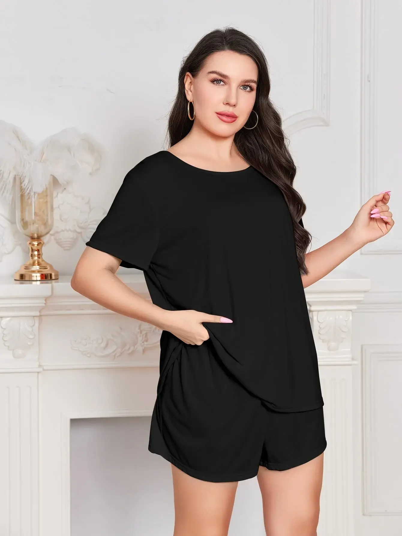 Plus Size Solid Women\'s Pajamas Set Screw Neck Top Tee & Shorts Femle 2 Pieces Sleepwear Nightwear Casual Homewear Clothing