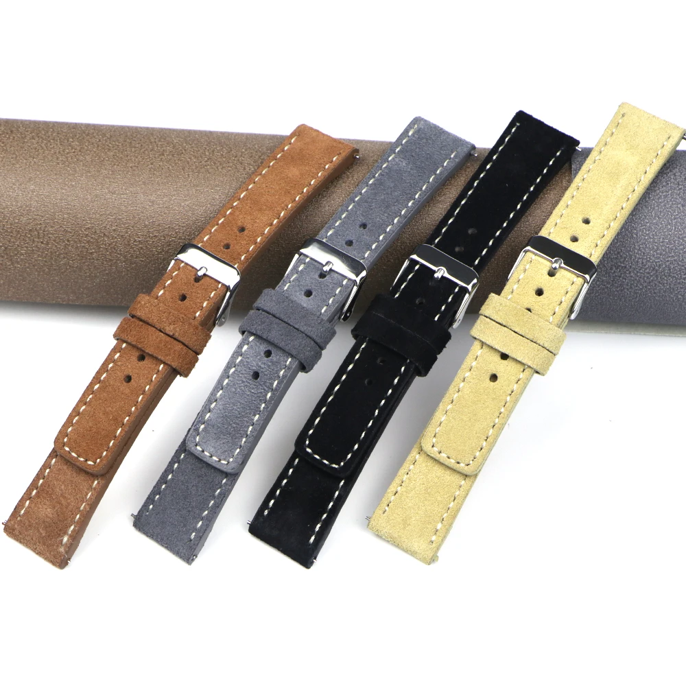 Nieuwe Vintage Suede Lederen Horloge Band 18Mm 20Mm 22Mm 24Mm Quick Release Horlogeband Bruin Grijs Zwart polsbandje Accessoires