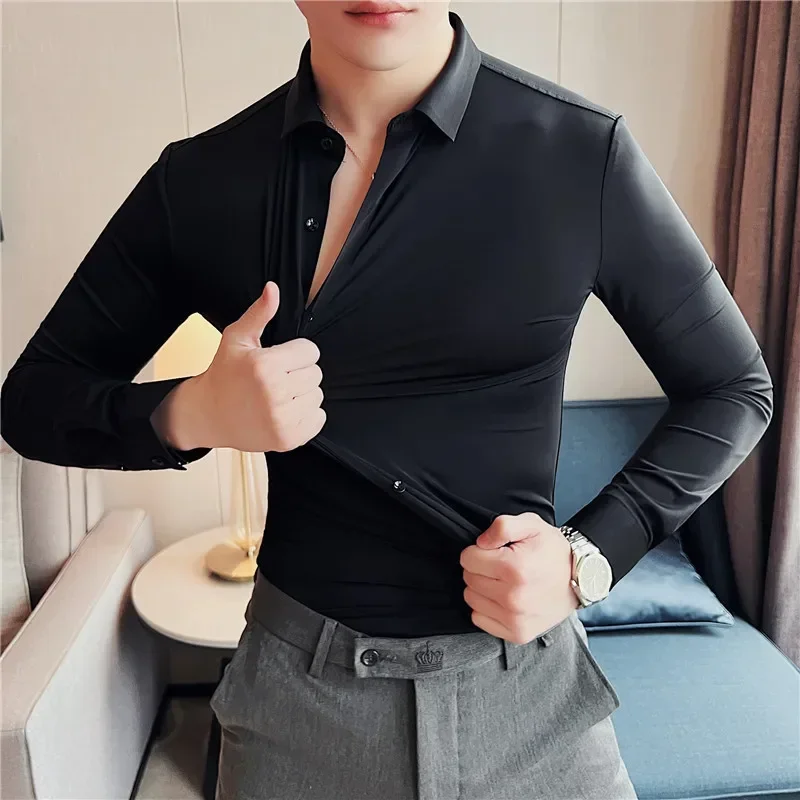 Plus Size 4XL-M High Elasticity Seamless Shirts Men Long Sleeve Top Quality Slim Casual Luxury Shirt Social Formal Dress Shirts