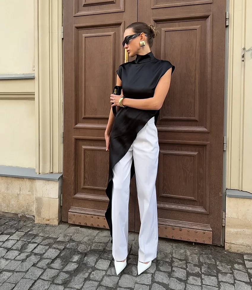 

BKLD Summer Satin Loose Turtleneck Sleeveless Black Dress Fashion Asymmetrical Casual Dress Party Clubwear Clothes For Women