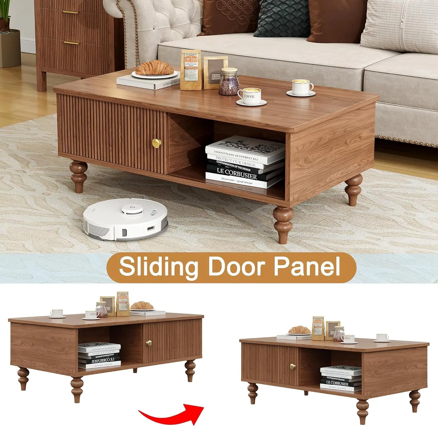 طاولة قهوة خشبية حديثة من منتصف القرن مع مساحة تخزين، وباب شرائحي، وأرجل خشبية صلبة، وطاولة قهوة قديمة مع رف مفتوح للمنزل #4