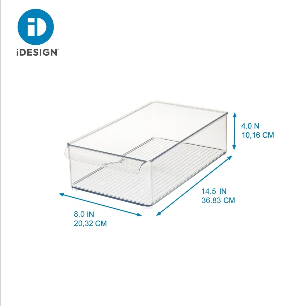 Durchsichtiger stapelbarer Kühlschrankbehälter aus Kunststoff mit Vordergriff zum Organisieren von Snacks, Joghurtbeuteln, Perishables und Haushaltsutensilien