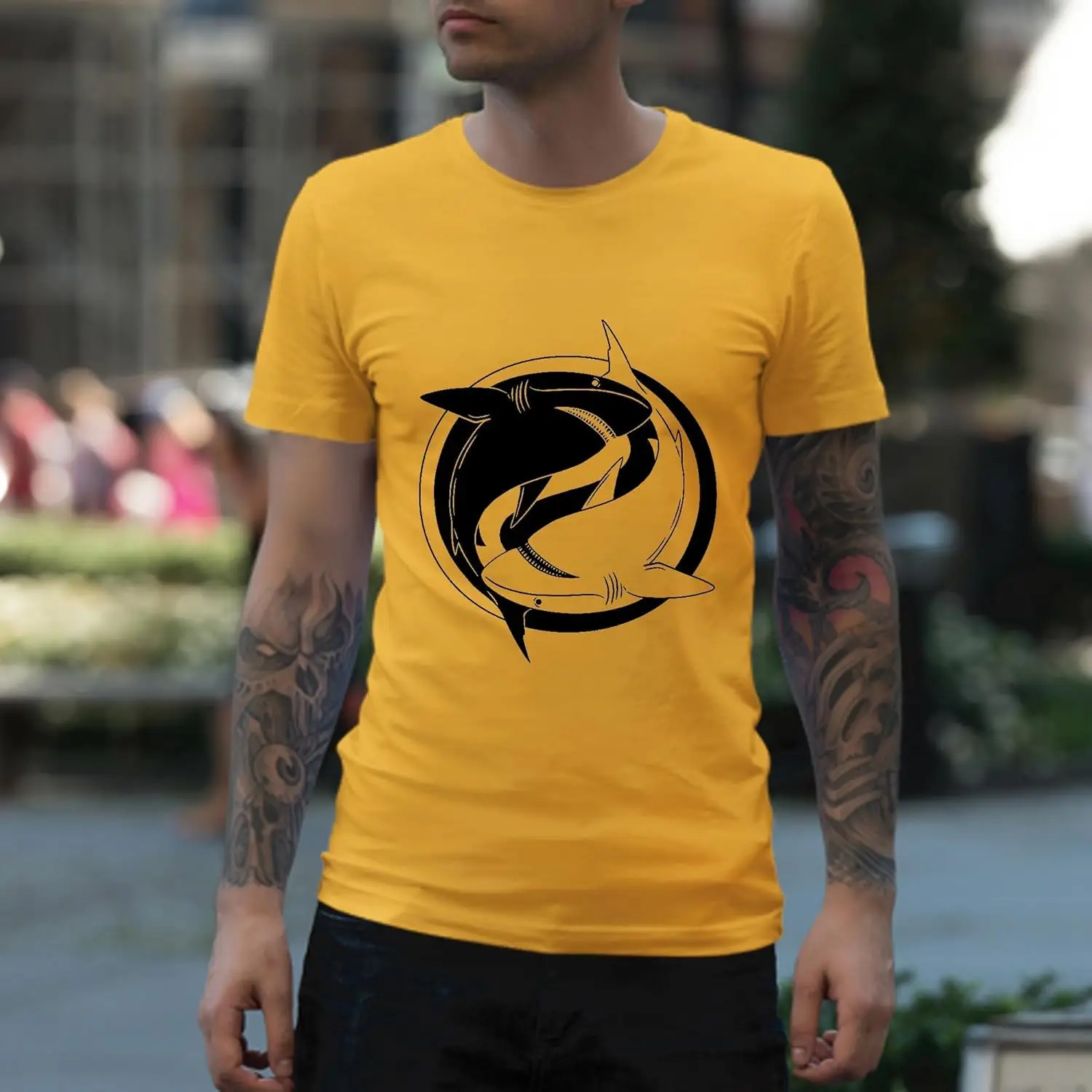 Hai Yin Yang Design Grafik Geschenk geeignet für alle, die inspirierende Männer Frauen weiß grau mehrfarbig T-Shirt suchen