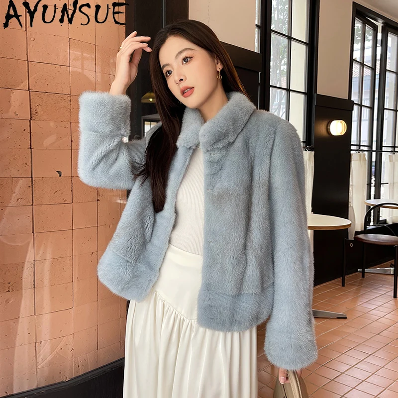 AYUNSUE 럭셔리 천연 밍크 퍼 코트 여성 의류 리얼 퍼 코트 여성 크로스 여성용 밍크 신상 겨울 재킷