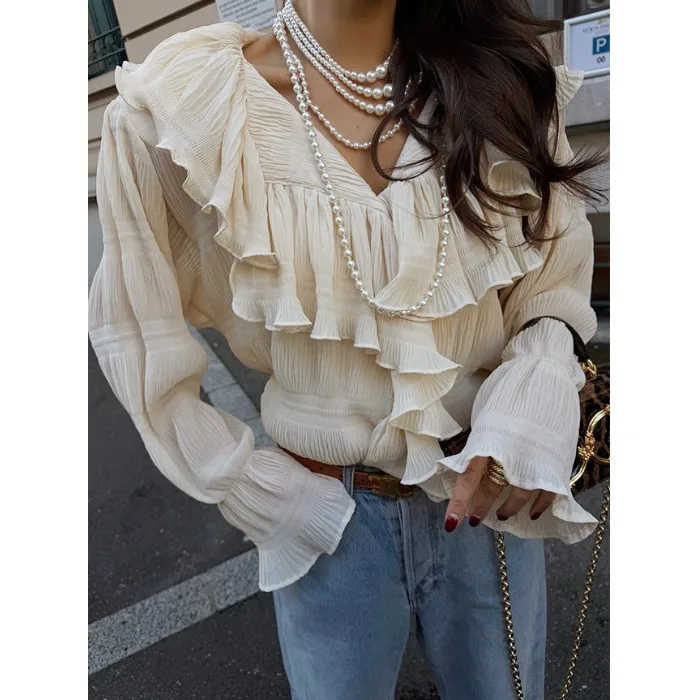 

Шикарная шифоновая блузка с V-образным вырезом для женщин, новинка весеннего сезона, уникальный универсальный дизайн, с цветочным кружевным подолом, в корейском стиле, для ношения под одеждой, стандартный крой