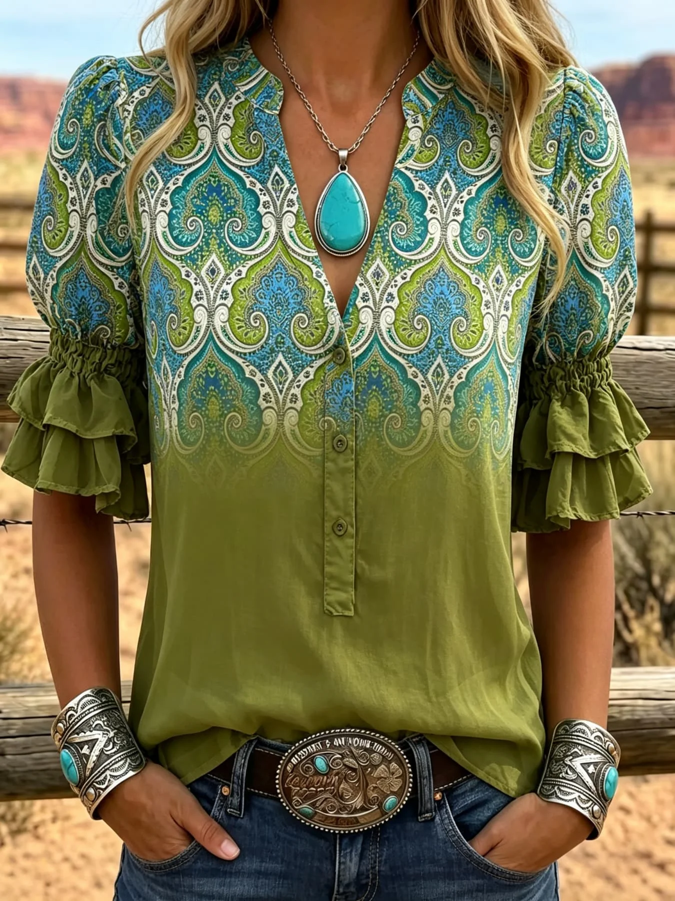 Women's V-Neck Ruffle Short Sleeve Blouse Vintage Bohemian Paisley Gradient Print Loose Fit Casual Daily Holiday Women Wear Top