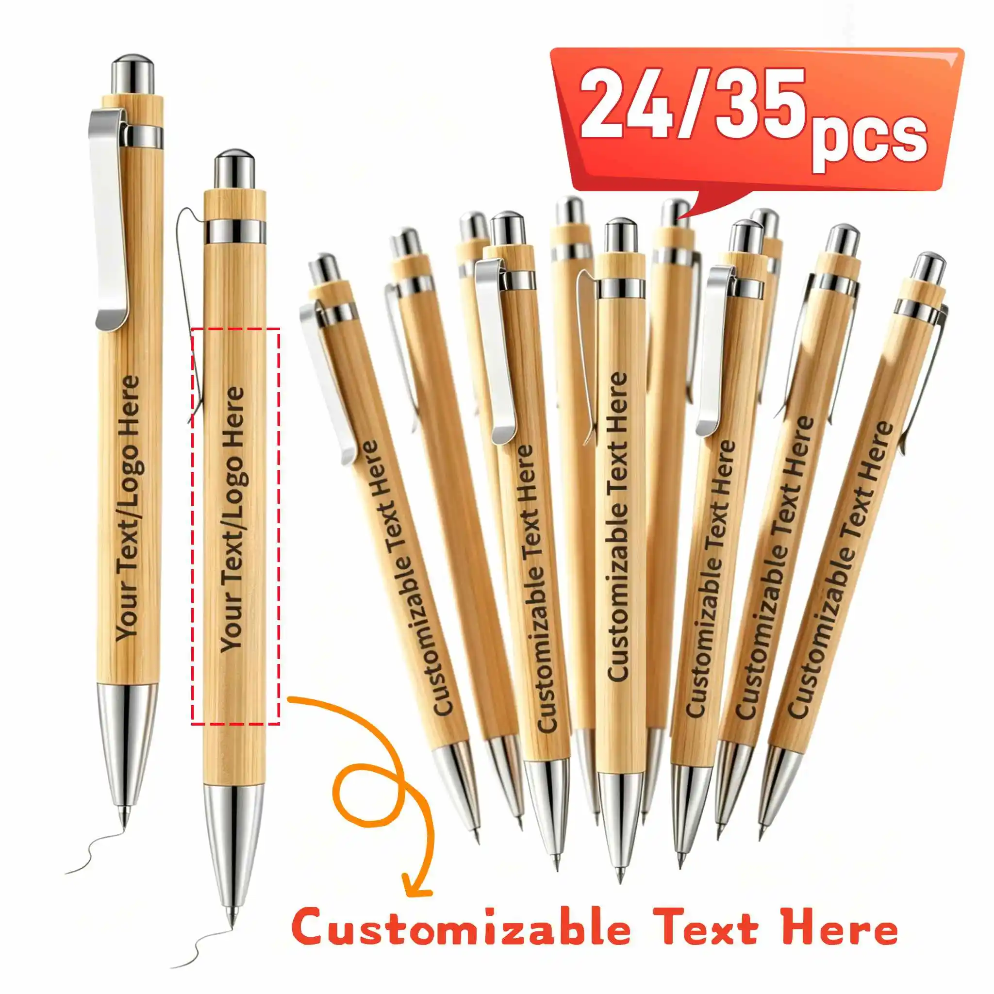 24/35PCS Custom Logo Bamboo Pen Personalized Ballpoint Pens Office Supplies Wedding Gift Favors For Guest Baby Shower Decoration