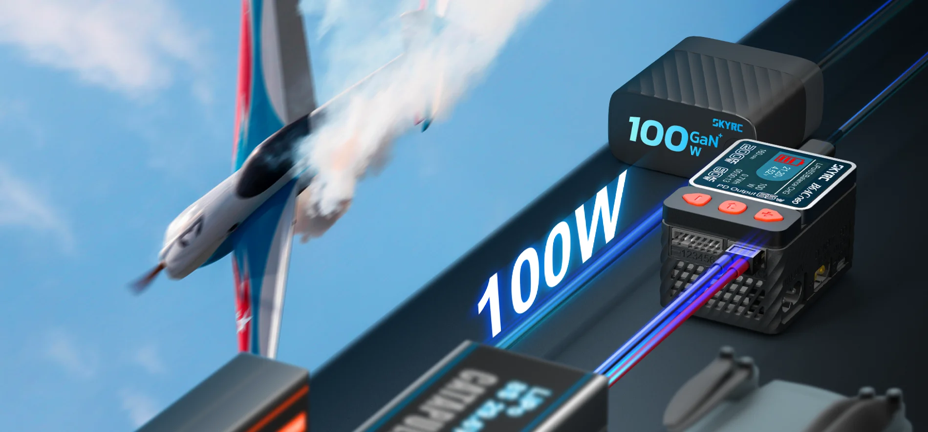 

Зарядное устройство SkyRC PDC100 100 Вт GaN — встроенный USB-C, PD/QC, 100–240 В для радиоуправляемых устройств, телефонов и ноутбуков