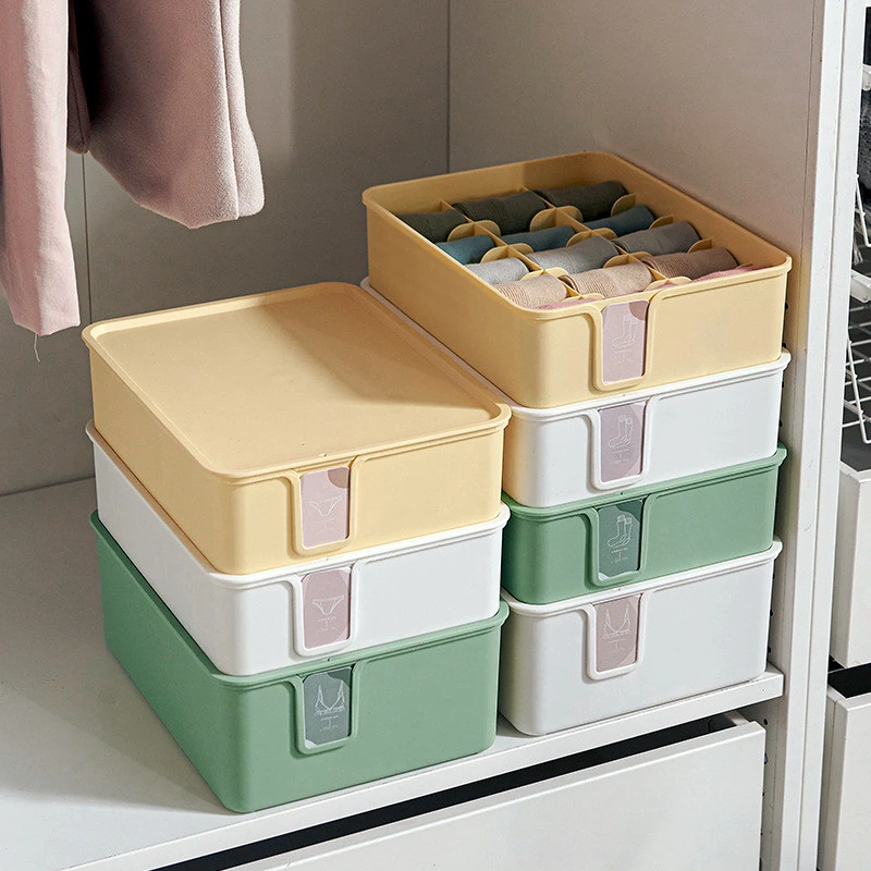 1/10/15 Grid Plastic Underwear Storage Box with Dust-Proof Lid Socks Bra Closet Drawer Organizer Container for Wardrobe Bedroom