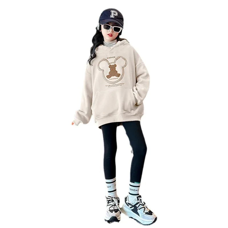 2024 girls clothes autumn winter sweatshirt bear t-shirt hooded + stretch pants leggings teens children set 8 9 10 11 12 year