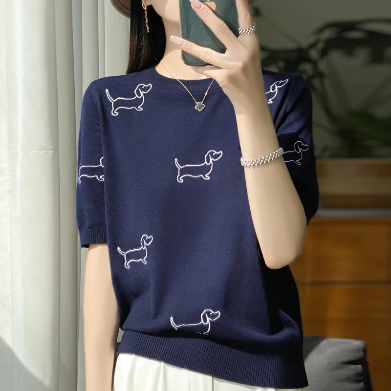 

Summer New Knitted Wool Dog Embroidery Knitted Shirt Women's Thin Casual Round Neck Short Sleeve T-shirt Top