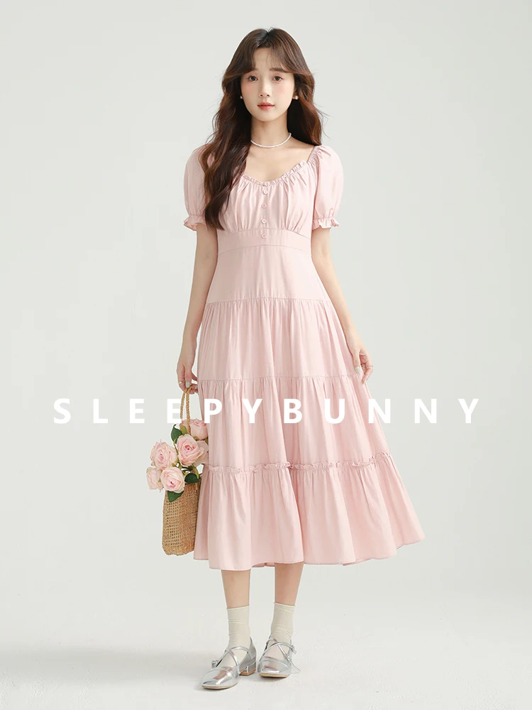 Doce rosa com decote em v vestido plissado feminino cintura alta em camadas bolo saia verão puff manga estilo princesa roupa feminina elegante olhar