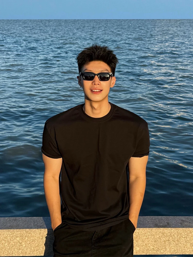 

American Sle Heavyweight ort Sve Men's T-irt Pure Cotton Fitn Spor Cleanfit Bla Elastic round Ne Top