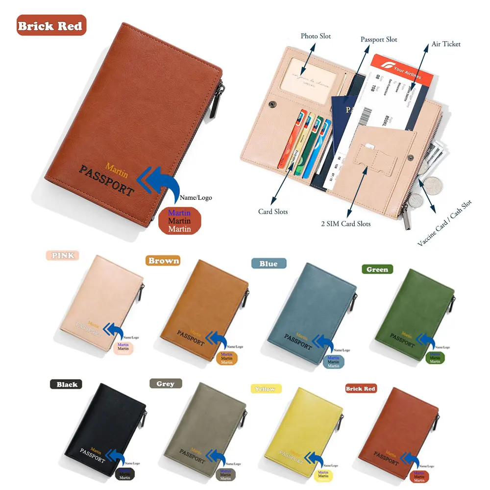 

Customzied Passport Holder Case Cover Women Men Rfid Blocking Waterproof Leather Passport Book Protector Card Slot Zipper Bag