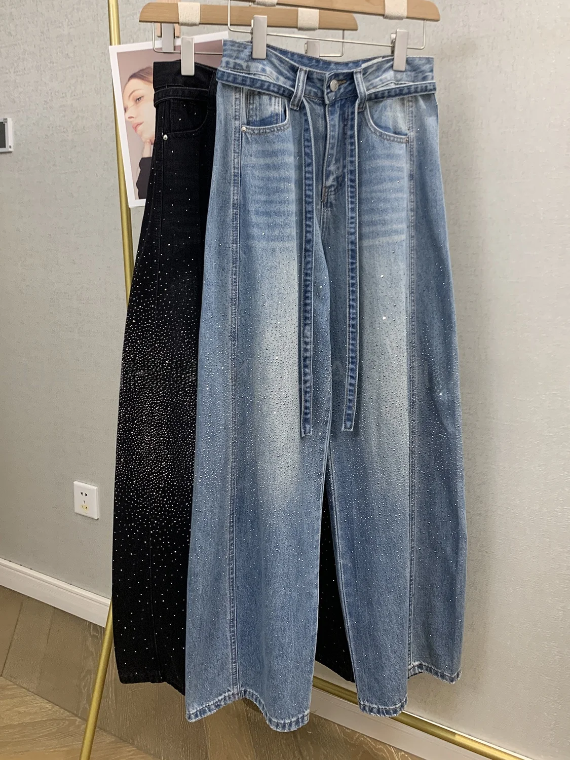 

Retro Rhinestone Wide Leg Jeans Women's High Waist Slimming Versatile Long Pants Faionable Spring 2026 New Sle Knife ...