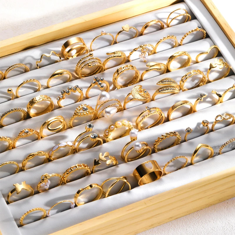 Vintage Elegant 66 Piece Fashion Ring Set Gold Color Pearl Geometric Rings Design for Women Daily Party Wear Jewelry Gifts 2024