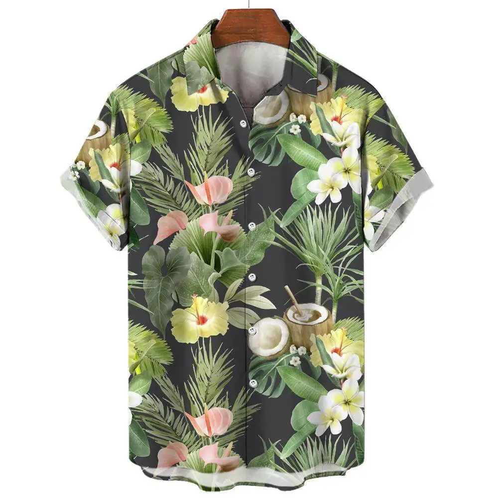 Summer Fashion Men\'s Short Sleeve Shirt Hawaiian Coconut Tree Print Street Casual Seaside Vacation Oversized Men\'s Shirt Tops