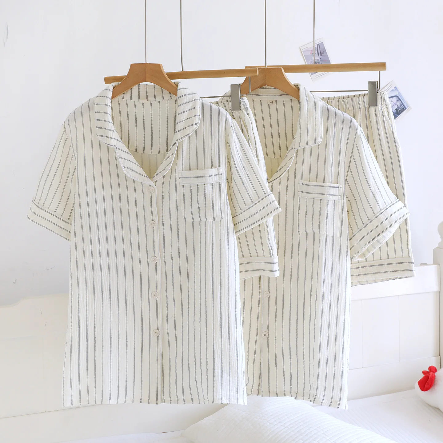 

Couple Sleepwear Short Sleeve Pajama Sets Two-Piece Ladies Set New Summer Suit 100% Cotton Striped Pyjama Set Woman Nightwear