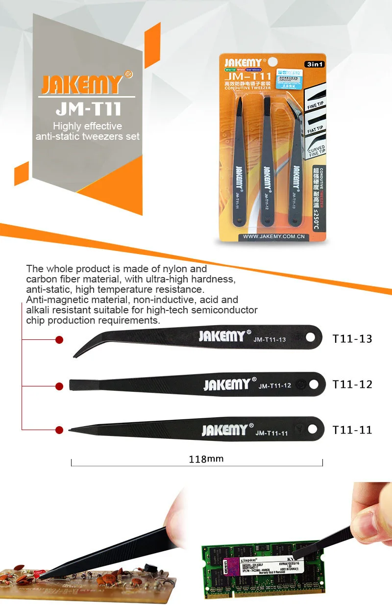 JAKEMY JM-T11 3-in-1 antistatisches Pinzetten-Set für die Reparatur von Mobiltelefonen und Laptops, hitzebeständige PCB-Reparatur, gebogene, spitze Pinzette – Detail 1