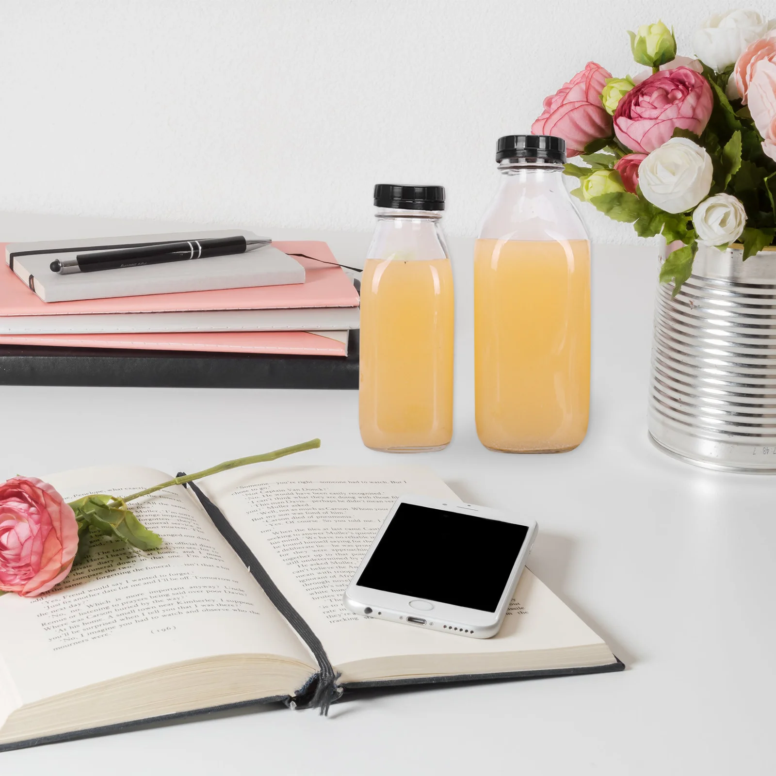 

5Pcs Glass Drink Bottles Transparent Clear Juice Milk Storage Bottles Durable Container for Fresh Milk Homemade Juices Beverages