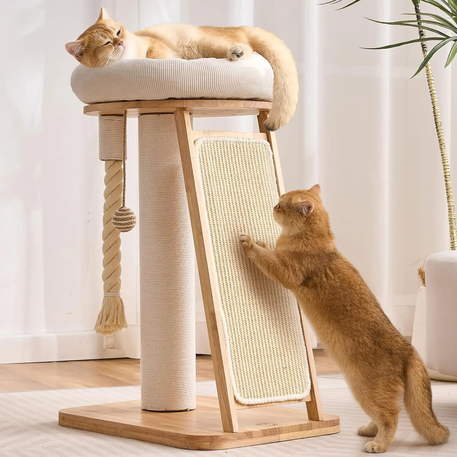 

Modern Cat Tree Small Tower with Scratching Post for Indoor, Solid Wood Multifunctional Corner Cat Tree Tower with Bed,