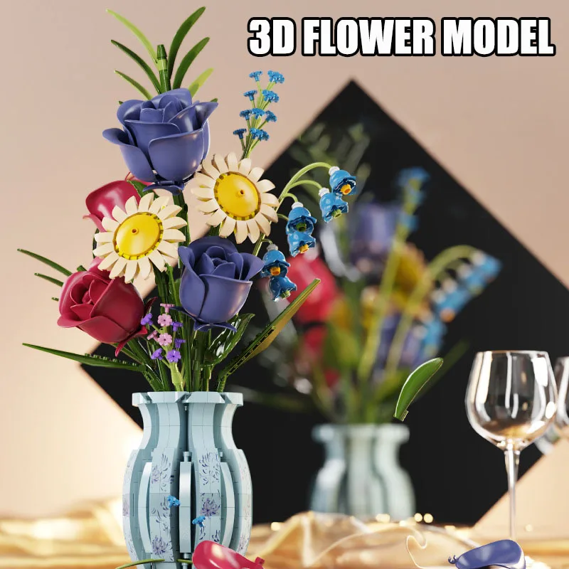 Creativo 787PCS Blu Rosa Vaso Piante Modello Building Blocks MOC Romantico Classico Bouquet di Fiori In Vaso di Mattoni Giocattolo Per I Bambini Regalo