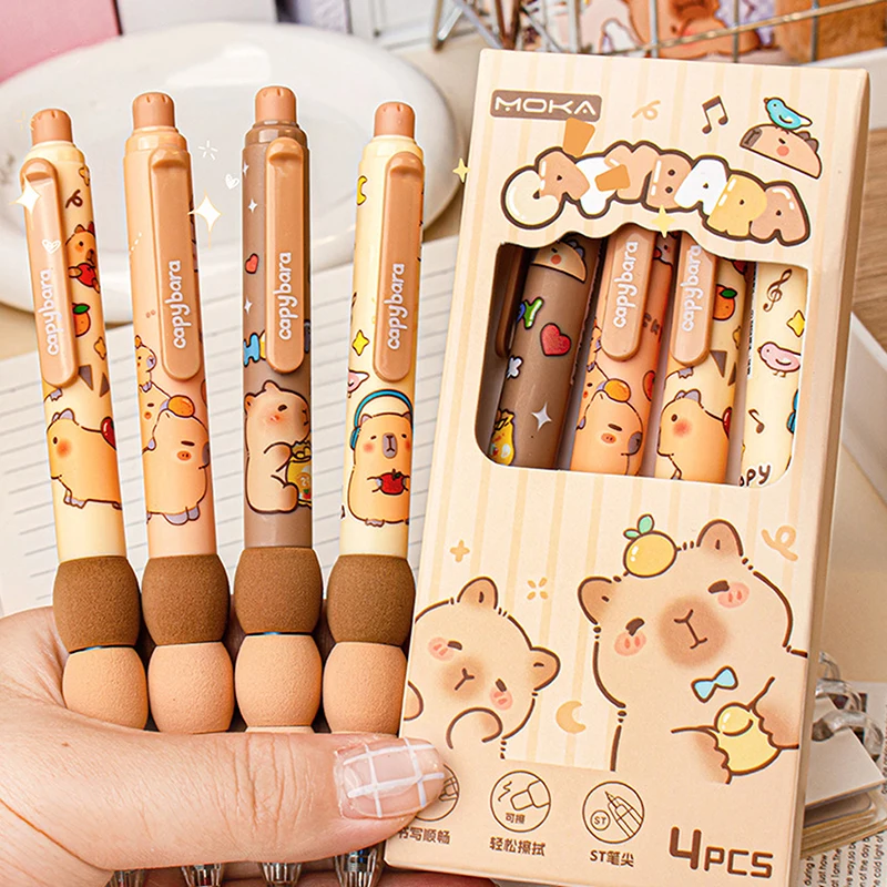 

4Pcs Cartoon Cute Capybara Erasable Gel Pens Kawaii Quick-Drying Writing Smooth Elegant Neutral Pens Aesthetic Stationery