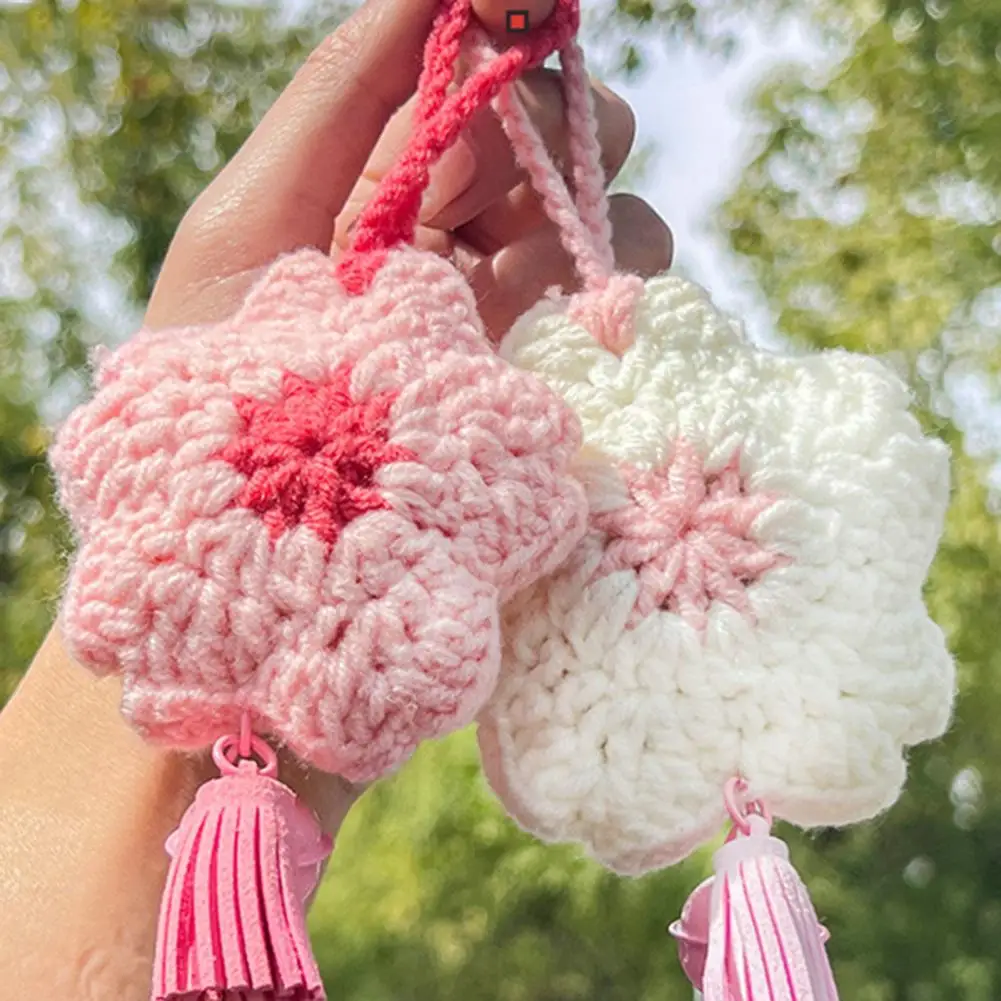 Car Hanging Pink White Sakura with Bell Tassels Crochet Flower Car Rear View Mirror Hanging Cherry Blossom Ornament Accessories