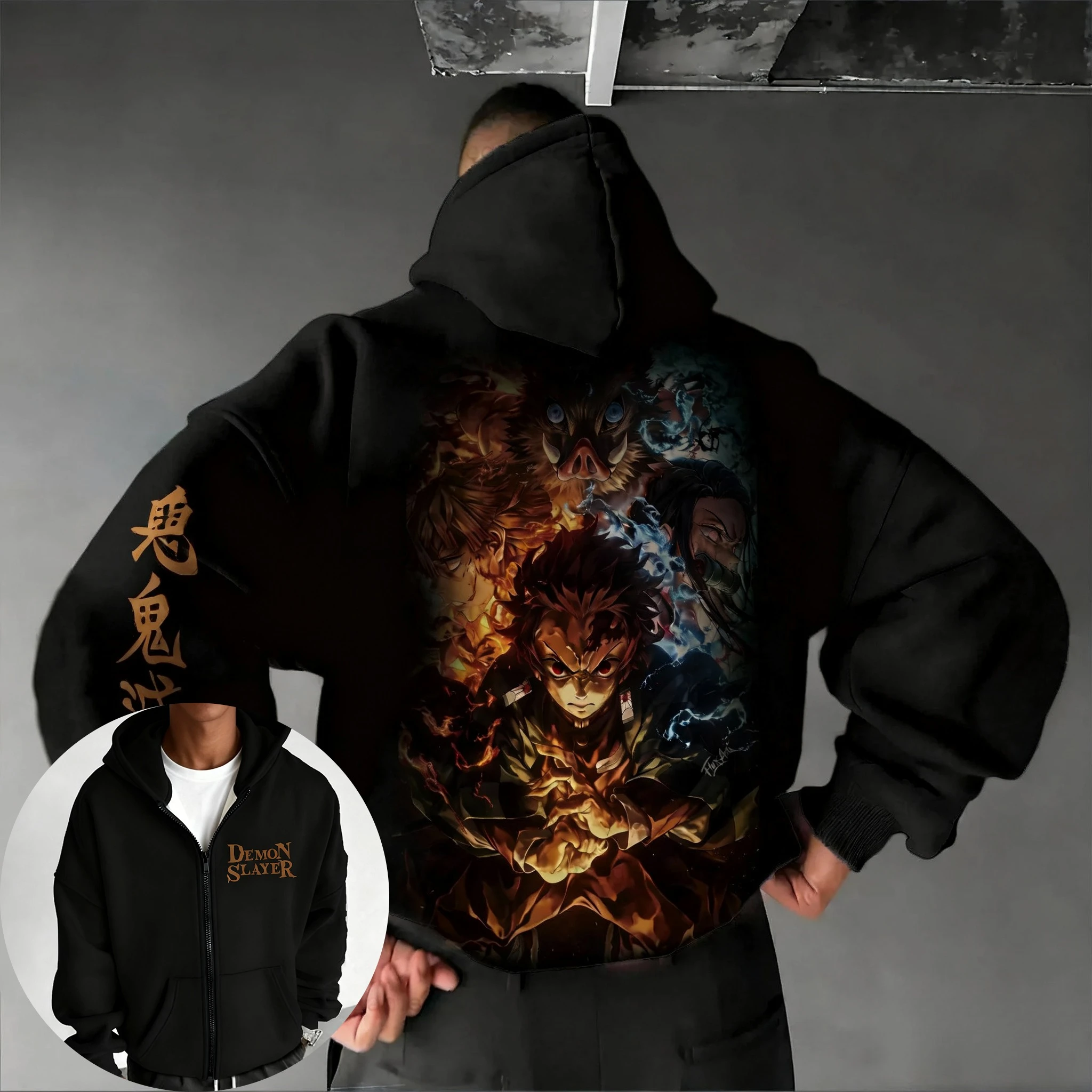 

Толстовка на молнии в стиле аниме Demon Slayer, 2026, мужской и женский весенне-летний новый уличный хип-хоп, большой свободный хлопковый свитер Y2K, топ