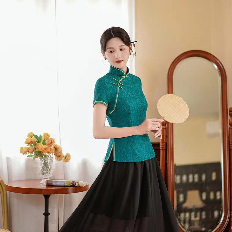 

Green Elegant Tang Clothes Chinese Style Top Women Sexy Lace Qipao Summer New Costumes Vintage Mandarin Collar Hanfu Shirt
