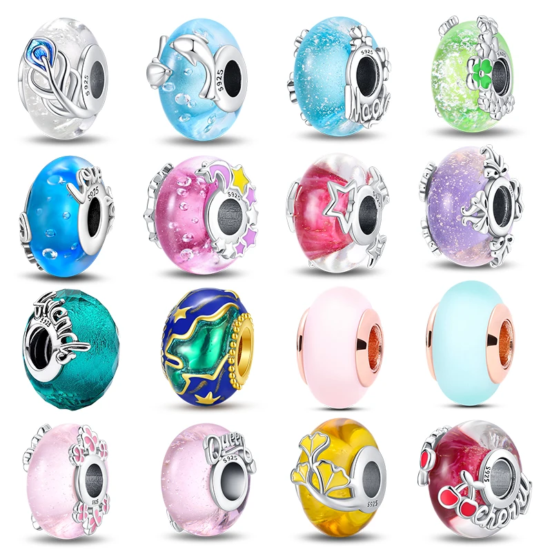 

Romantic S925 Sterling Silver Multicolour Murano Glass & Curved Feather Charm Fit Pandora Bracelet DIY Necklace Beads Jewelry