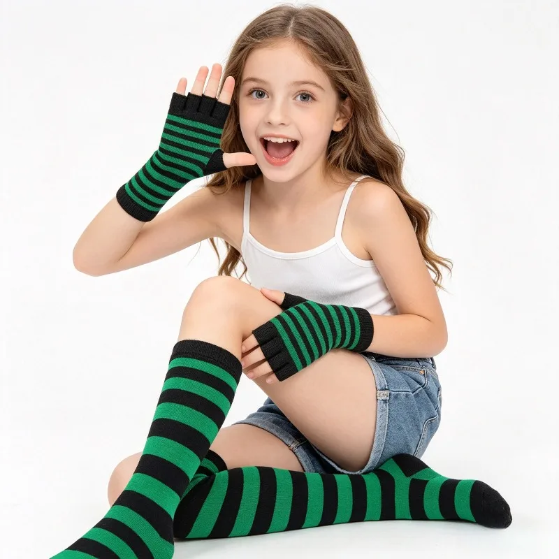 Knitted Striped Fingerless Arm Sleeve Warmers Over Knee Socks Matching Combo, Stretchy Dance Costume Leg And Arm Accessories