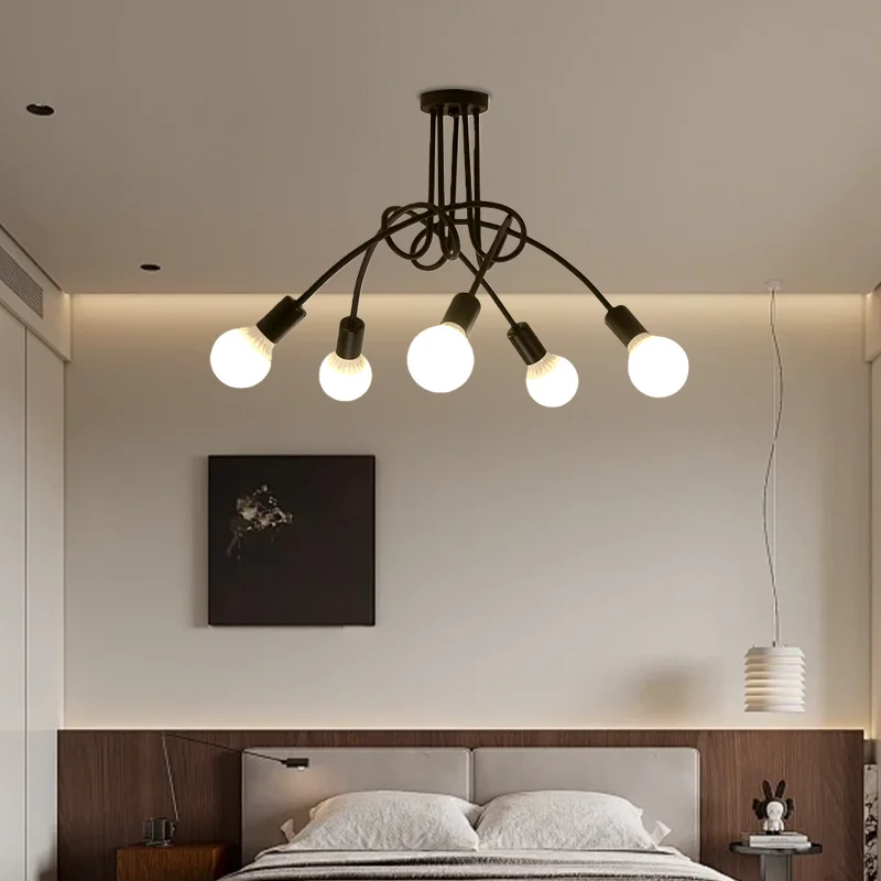 

1-piece 3/5-light golden iron chandelier with simple curved pipe design, classic industrial style lighting, suitable for bedroom