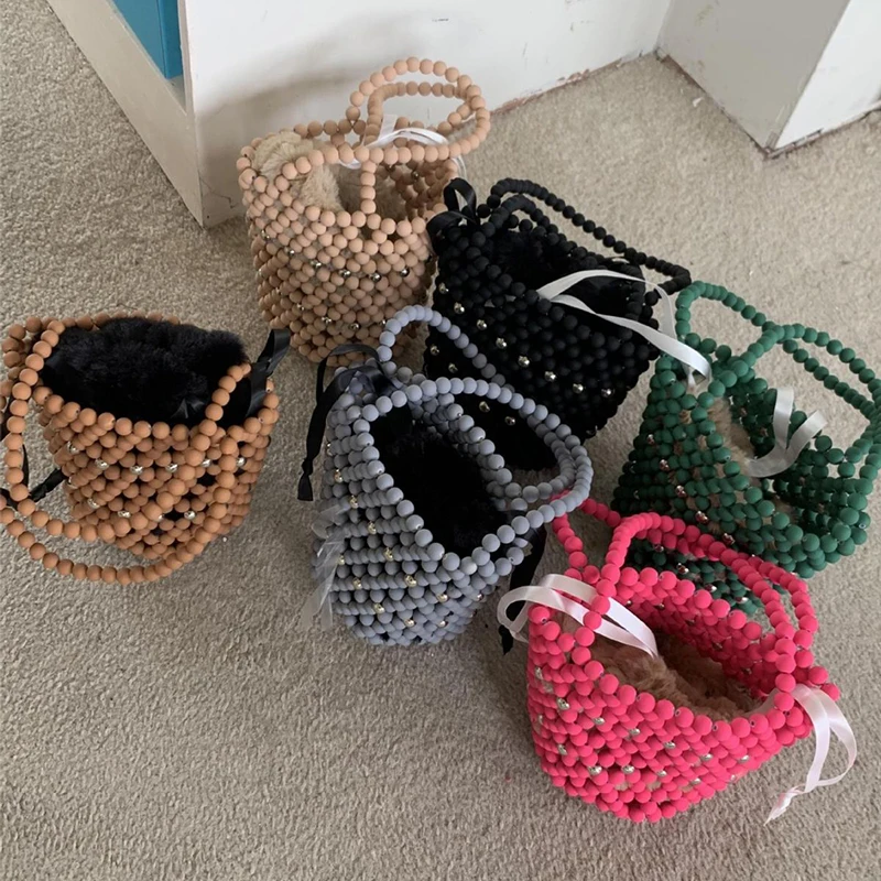 Homemade Beaded Woven Summer Bags Small Hollow Out Bucket Women's Handbags Designer Casual Barrelshaped Holiday Travel Lunch Bag