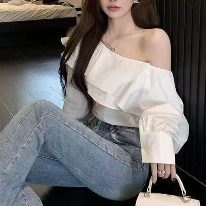 2024 New Fashion Long Sleeve Blouse Women Loose Casual Ruffle White Lantern Sleeve Off Shoulder Ladies Tops Blouses Spodnie 8395