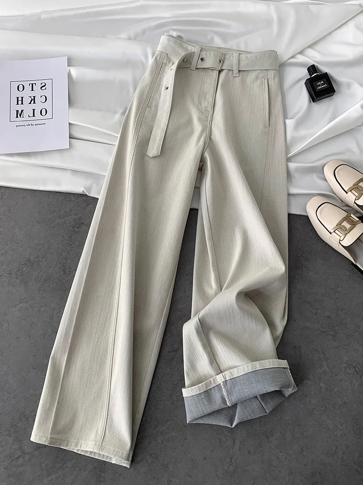 

Retro Hong Kong Style High Waist Wide Leg Denim Pants Women's Spring Autumn New Design Loose Slim Straight Blade Pants