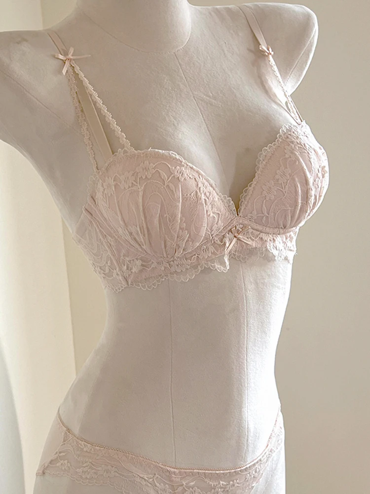 Pure Desire Sexy Girl Lace Embroidery Bralette Set Nylon Material No Steel Ring Small Chest Gathered V-Neck Fixed Strap