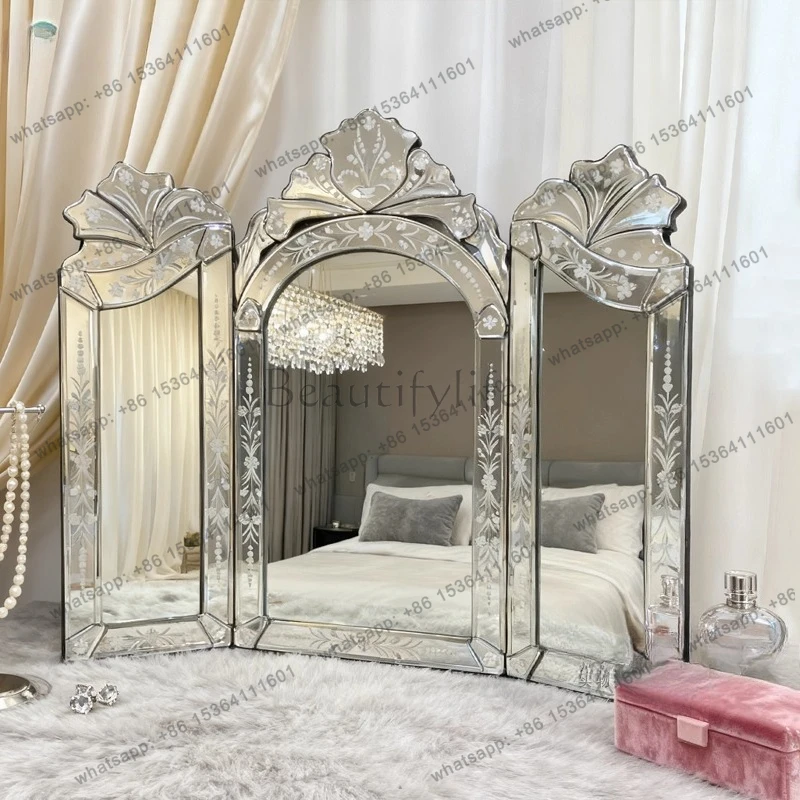 X4 Vintage carved tri-fold mirror bedroom dresser folding makeup mirror