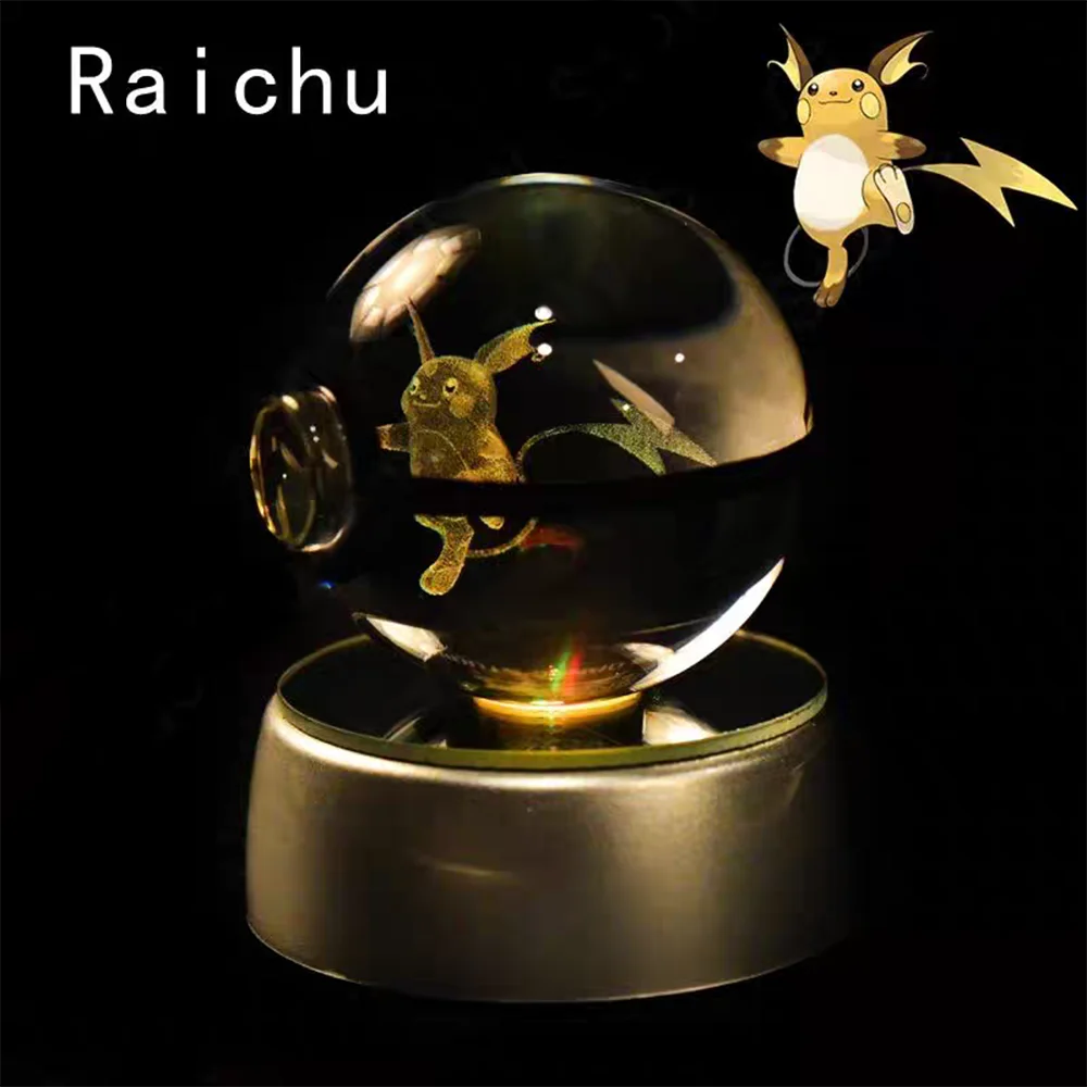 3D Crystal Ball Pikachu Gengar Mew Mewtwo Figurines Lamp Base Pokeball 3D Glass Ball Statue Kids Birthday Gift