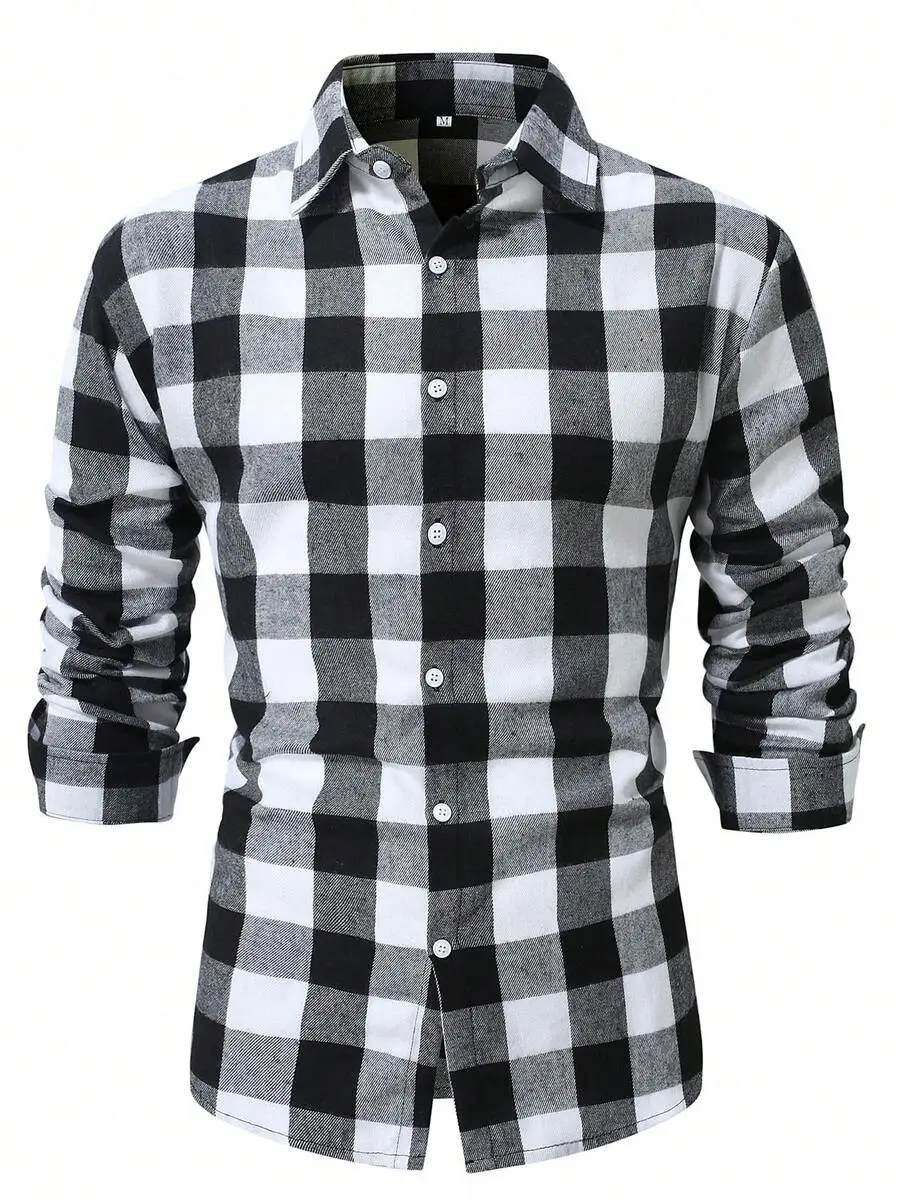 

Men's Long Sleeve Brushed Black & White Plaid Shirt, Casual Business Style