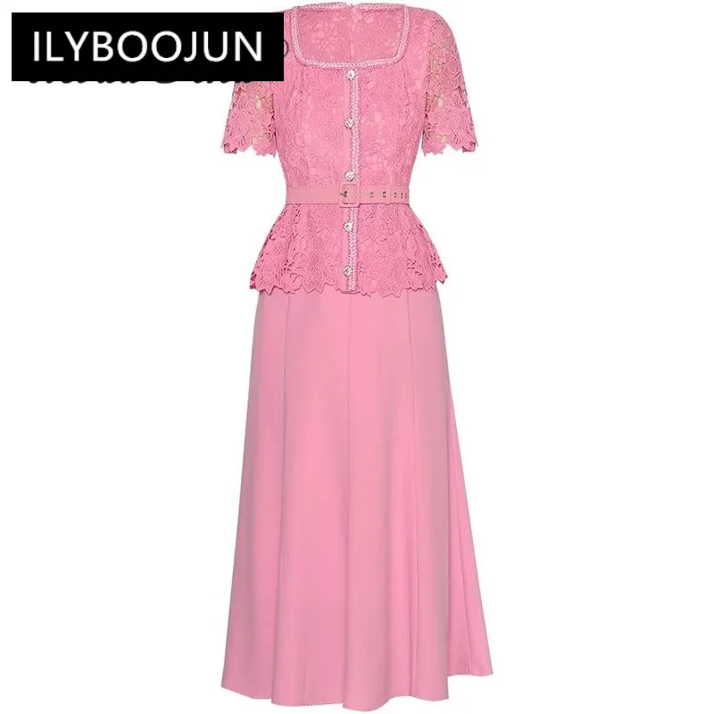 

ILYBOOJUN Summer Runway Dress Women Vintage Embroidery Hollow Out Heavy Diamond Single Breasted Sashes Ruffle Hem Dresses