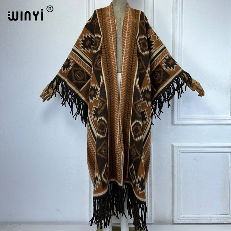 WINYI Winter Women Fringed cardigan print abaya dubai luxury Coat Loose OverCoat Thick Warm Female outerwears long down dress